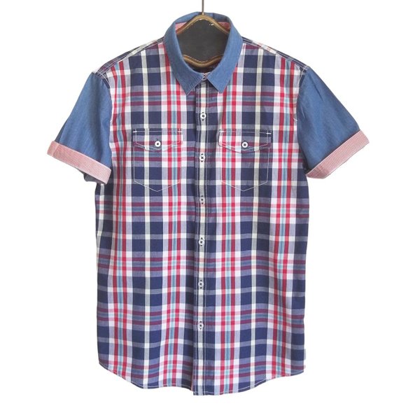 HENUS EDWIN 95 Plaid Chambray Sleeve Collar Button Down Front Cotton Shirt M NWT - Picture 1 of 7